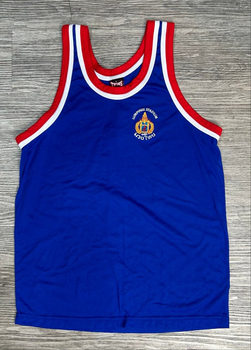 Twins Special Lumpinee Stadium Muay Thai Jersey Tank Top Blue Red Trim Mens L
